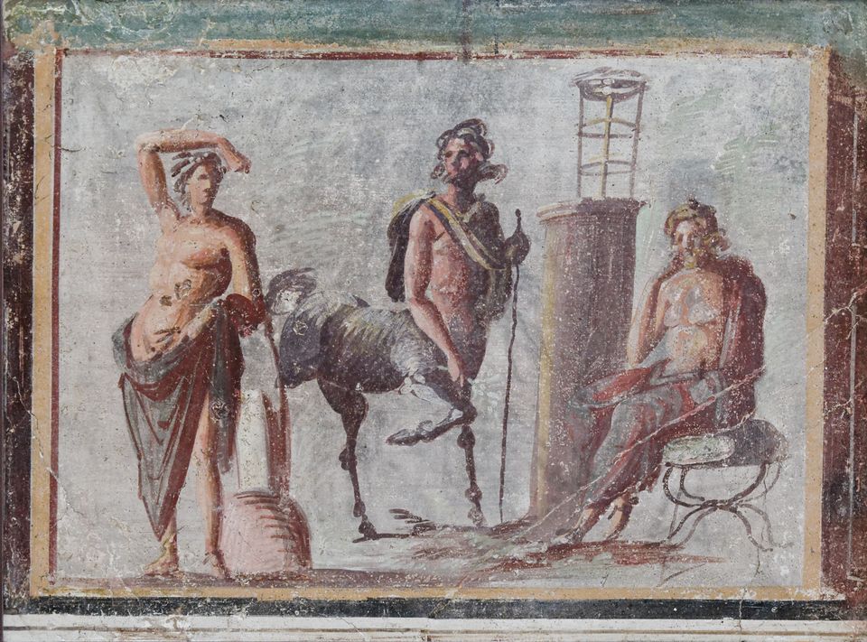 Fresco depicting Apollon, Chiron, and Asklepios from 1st century CE Pompeii.