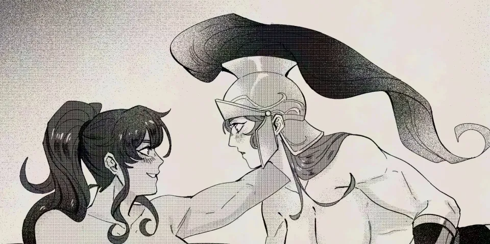Cropped illustration of Artemis with her hair in a pony tail resting her muscular arm on Penthesileia's shoulder.