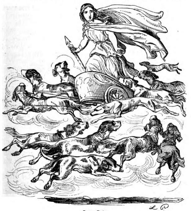 Frau Gode flying through the air on a chariot, surrounded by hounds.